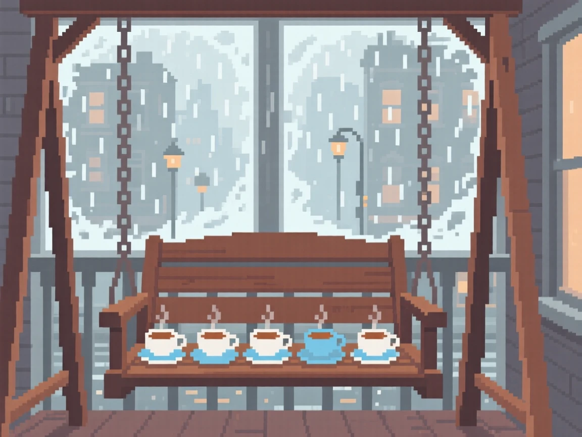 A covered porch swing arranged with teacups and a fogged-up window, in a loft apartment above a rainy street.