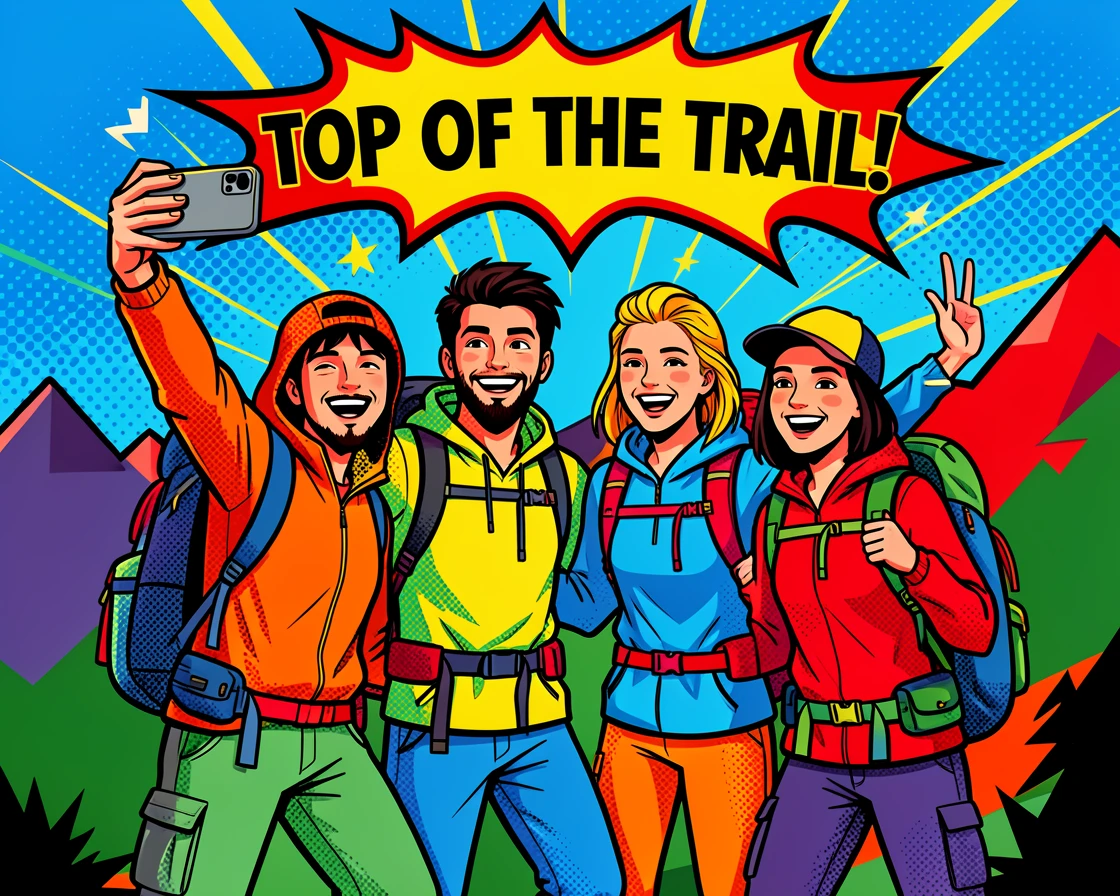 Friends taking a group photo at the top of a hiking trail
