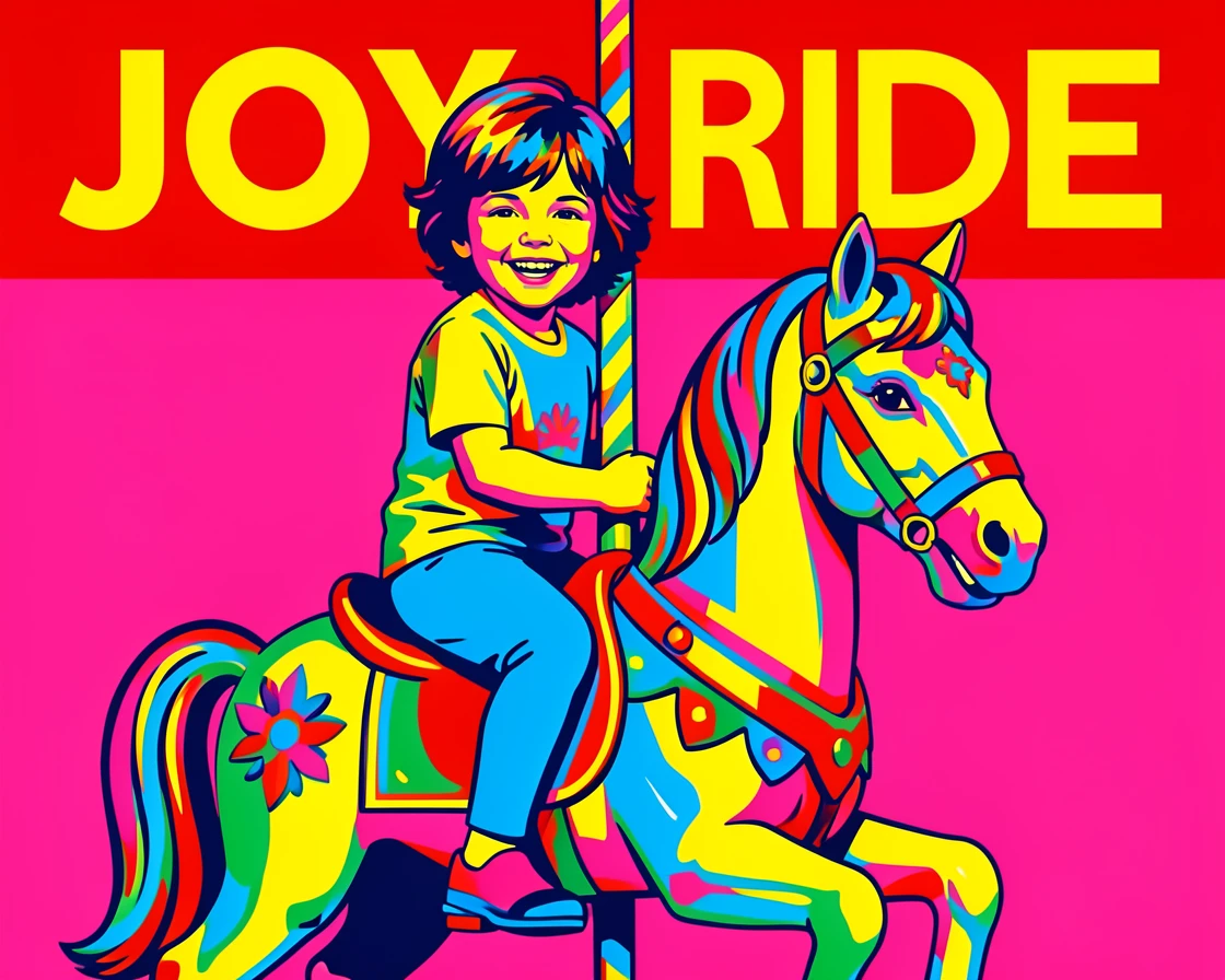 Child riding a carousel horse with a big smile
