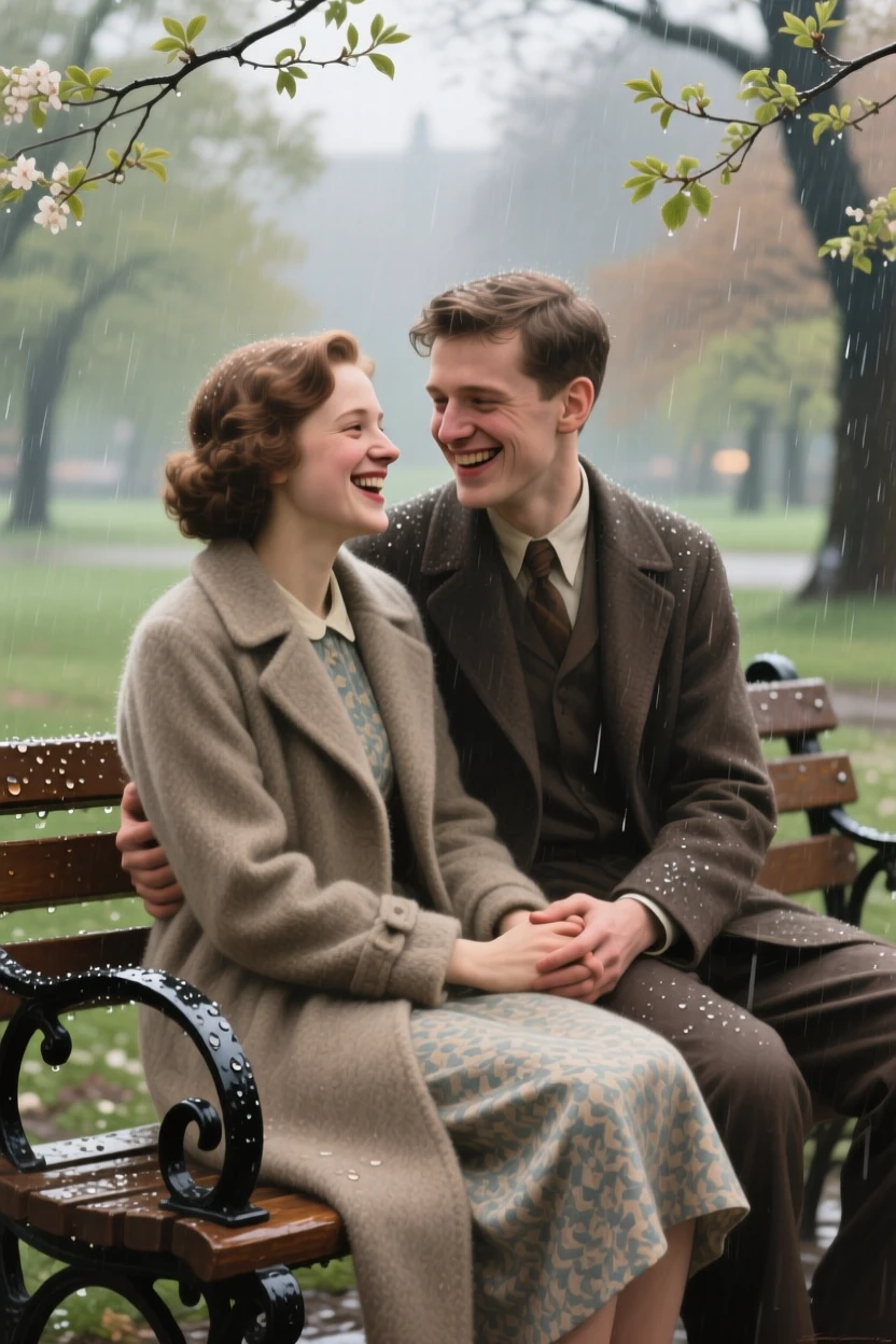 A tightly framed close-up of a young couple sharing a quiet laugh on a park bench, during a gentle spring shower, in the 1930s.