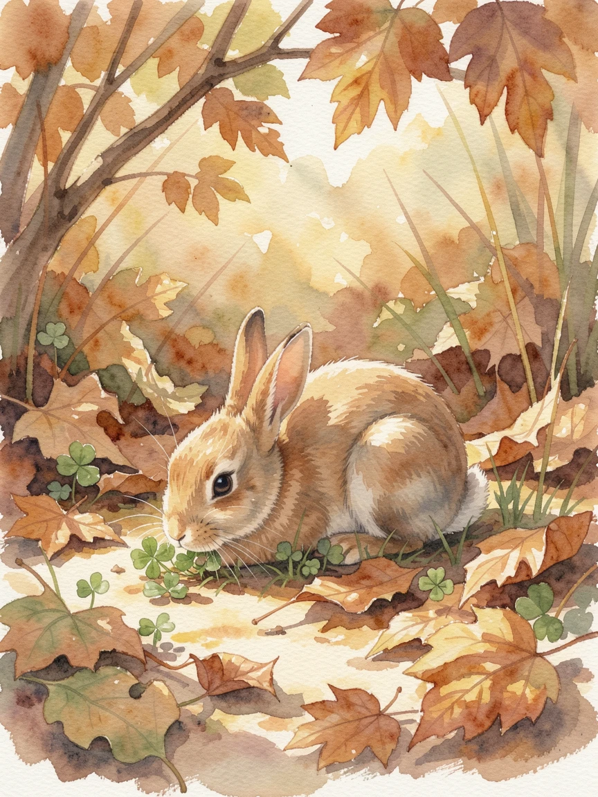 A bunny nibbling clover in a garden in an autumn garden full of fallen leaves napping in a patch of sunlight.