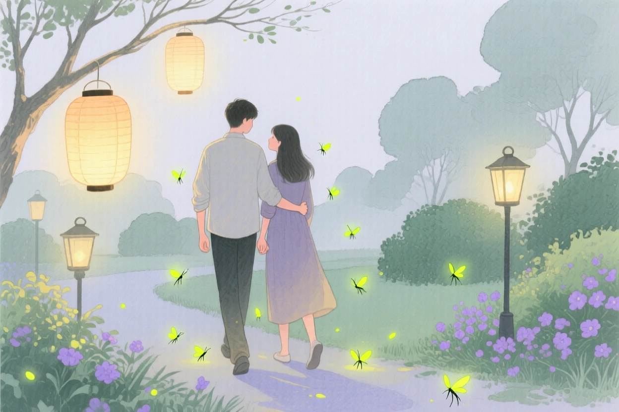 A tender moment of a stroll through a lantern-lit garden, as fireflies begin to glow around them, capturing quiet affection between two people