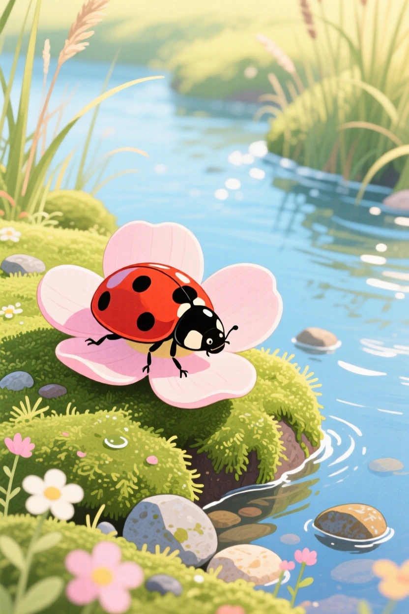 A ladybug resting on a petal discovering something new in a mossy riverbank on a warm summer day.