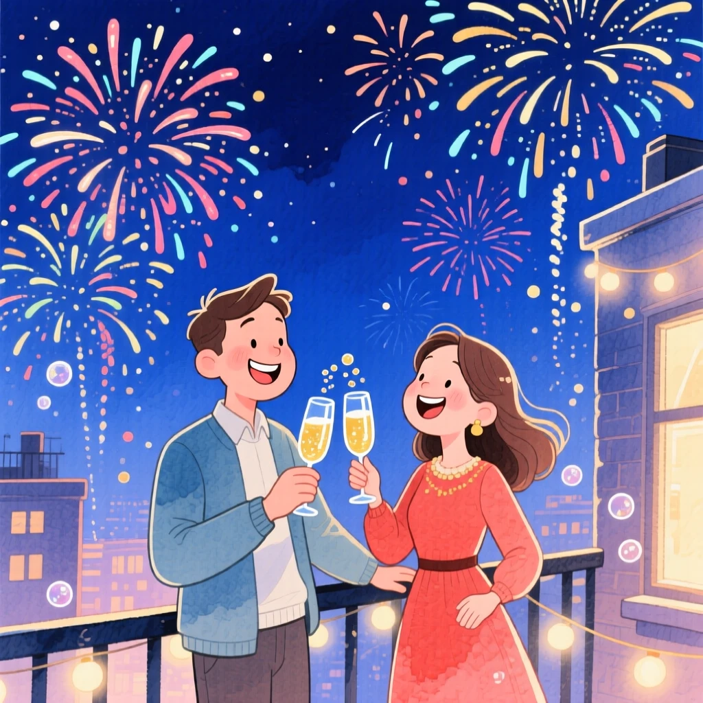 A couple toasting champagne at midnight on New Year's Eve, in a rooftop lit by fireworks against the night sky, with laughter and smiles caught mid-celebration, evoking hopeful excitement for a new beginning.