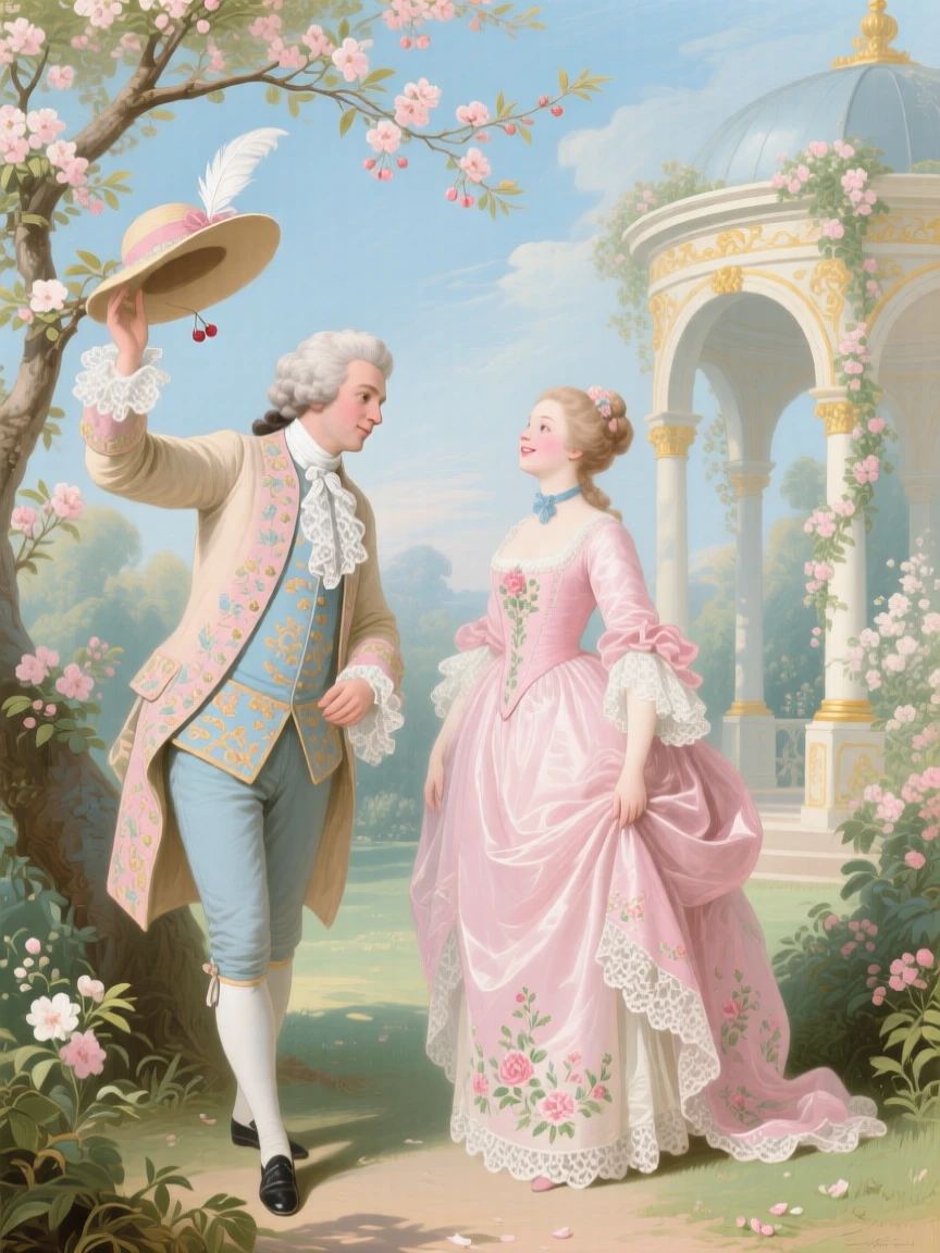 A gentleman rescuing a lady’s hat caught in the branches of a flowering tree  