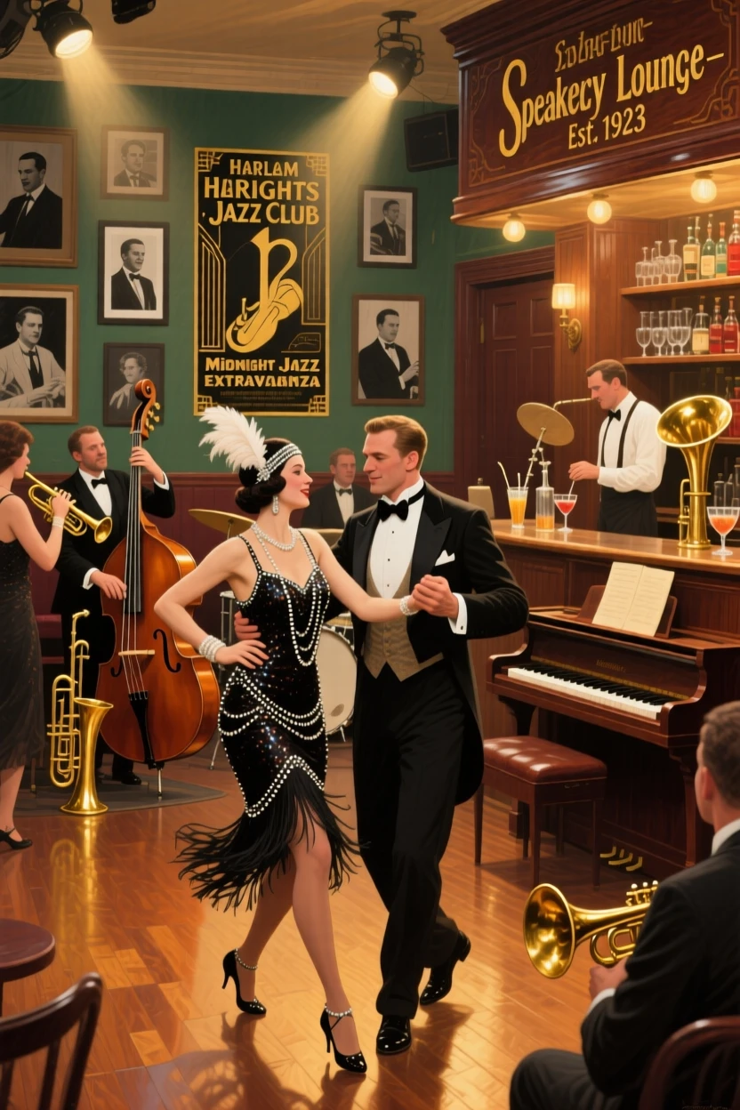 A 1920s jazz club filled with dancers and the glow of warm stage lights, with intricate cultural details woven throughout the composition, honoring the customs, craftsmanship, and spirit of the time