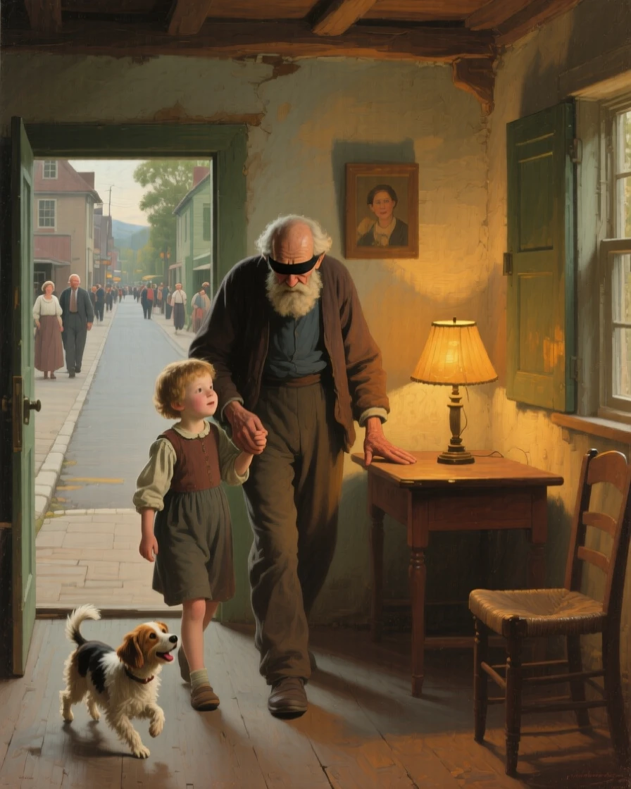 A child leading a blind grandfather safely across a busy street just as relief washes over every face, set within a modest cottage lit by a single lamp, with a small dog circling excitedly at the family's feet; converging paths in the background lead directly to the embracing pair, overflowing with tenderness, relief, and quiet triumph.