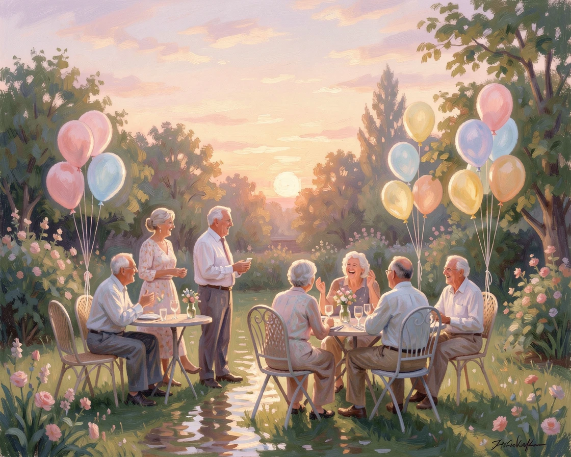 A joyful retirement party in a backyard filled with balloons, laughter, and old friends reminiscing, under a glowing sunset sky.