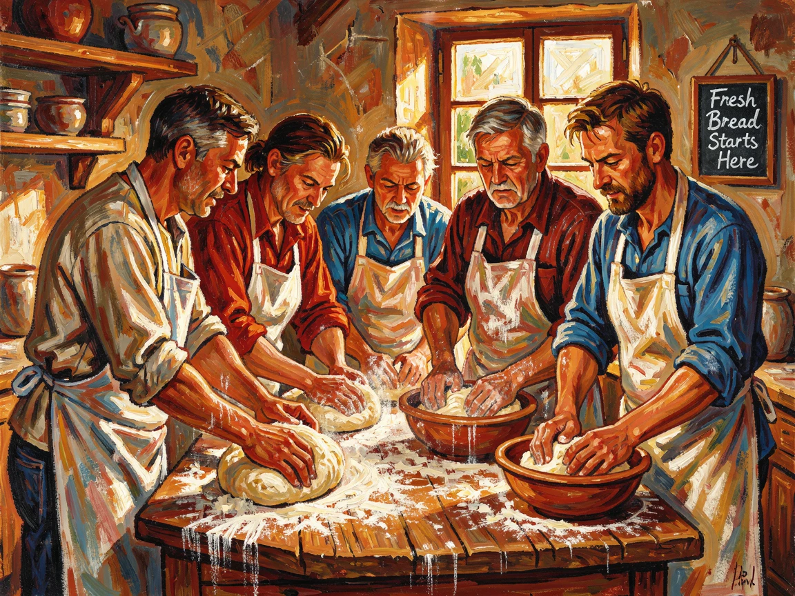 A group of bakers kneading dough together in a warm, flour-covered kitchen.