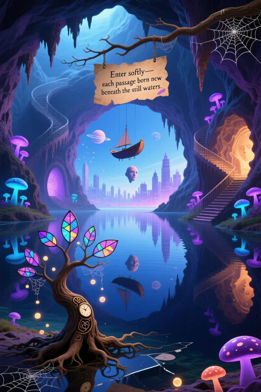 A cavern lake so still it seems to hold a second universe unfolds new paths each time it is entered, as soft light pools in every hollow and crevice.