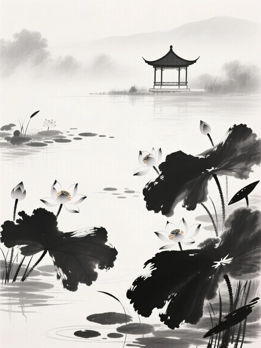 A pond filled with blooming lotus flowers stretches toward a distant pavilion, as mist rises softly from the water's surface.