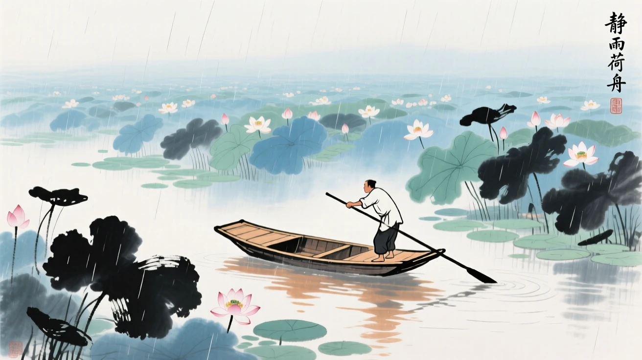 A boatman poling his craft gently through a field of lotus, as summer rain begins to fall, evoking a sense of quiet solitude.