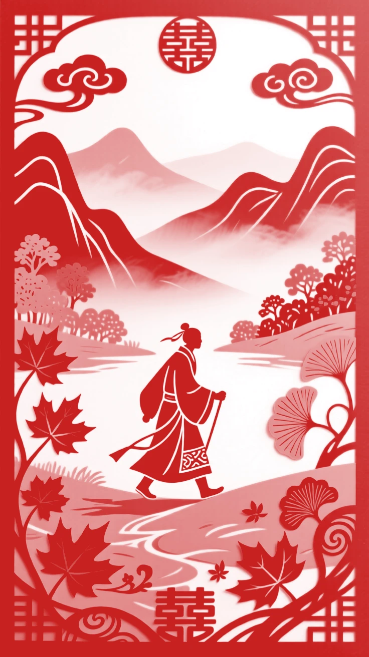 A composition of a solitary traveler across a golden autumn valley, distant peaks fading into layers of mist.