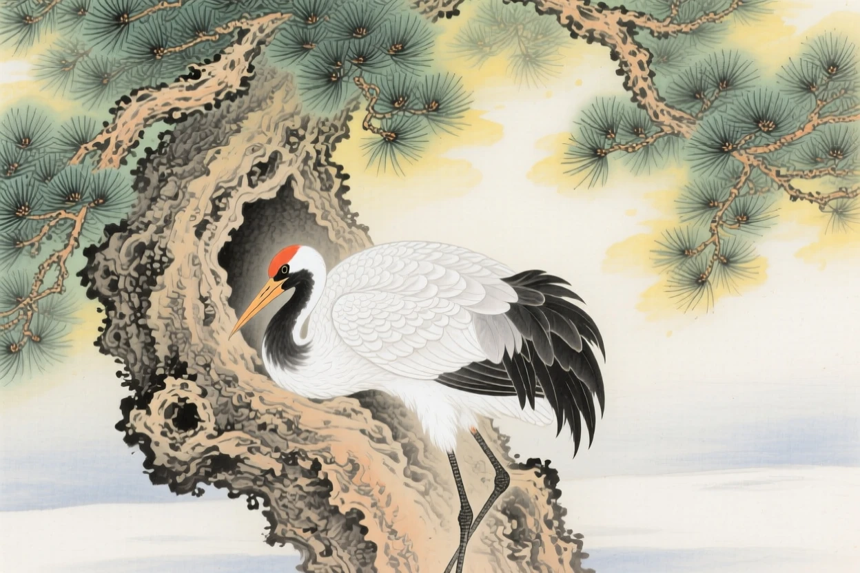 A stork nestled in a hollow of an old pine tree, soft morning light filtering through the branches