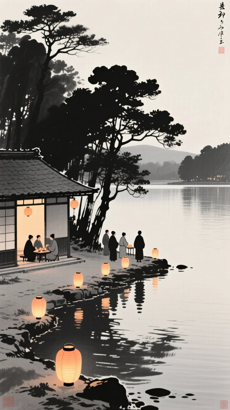 A New Year gathering with lanterns lit along a courtyard along the shore of a calm lake, balanced between soft shadow and warm points of light, conveying cozy stillness and seasonal wonder.