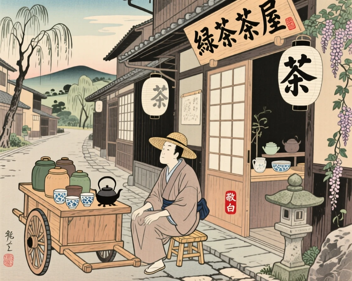 A tea shop owner resting beside a cart on a quiet side street.