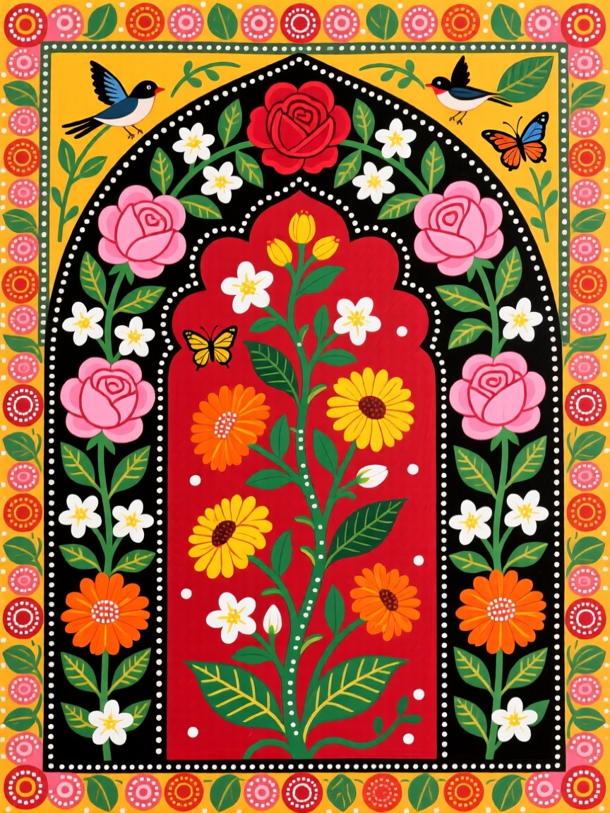 A floral archway woven from roses, jasmine, and marigolds.