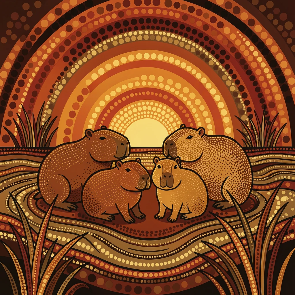 A capybara family gathered at sunset