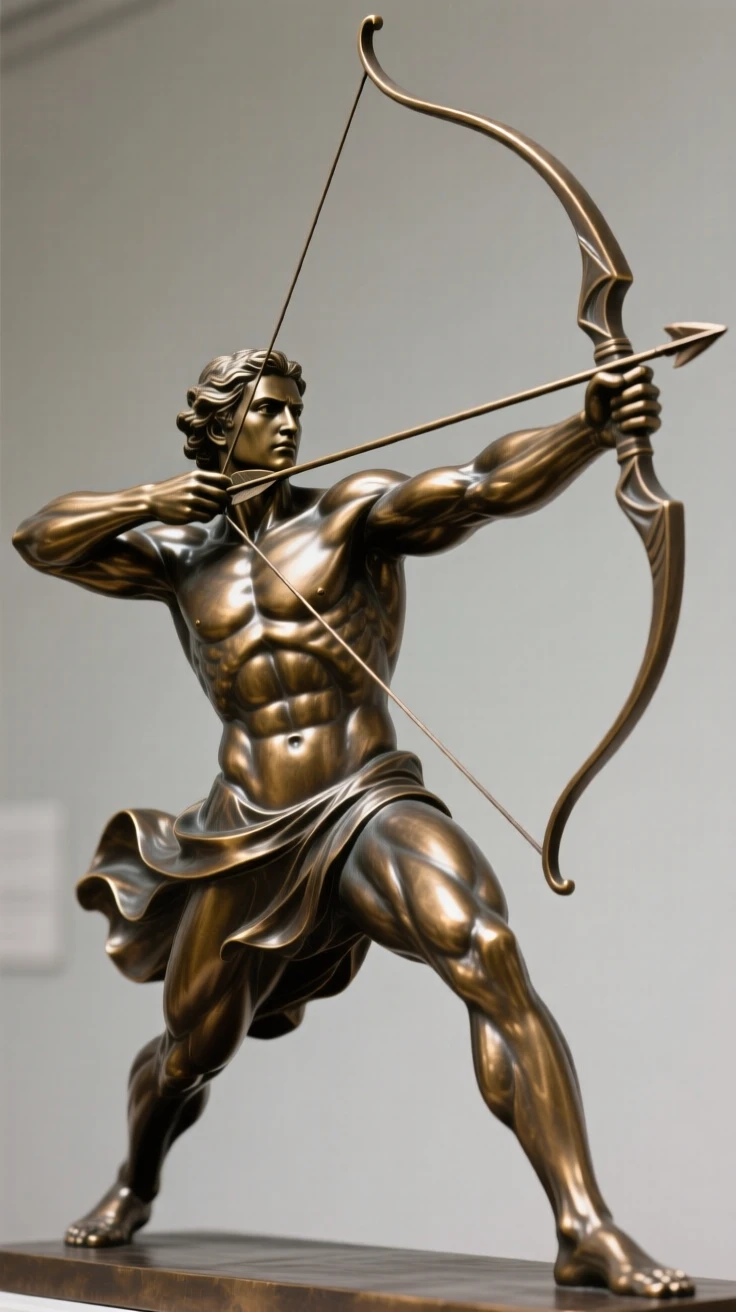 A champion archer releasing an arrow in perfect form, with muscles tensed in graceful strength, forming a strong central focal point