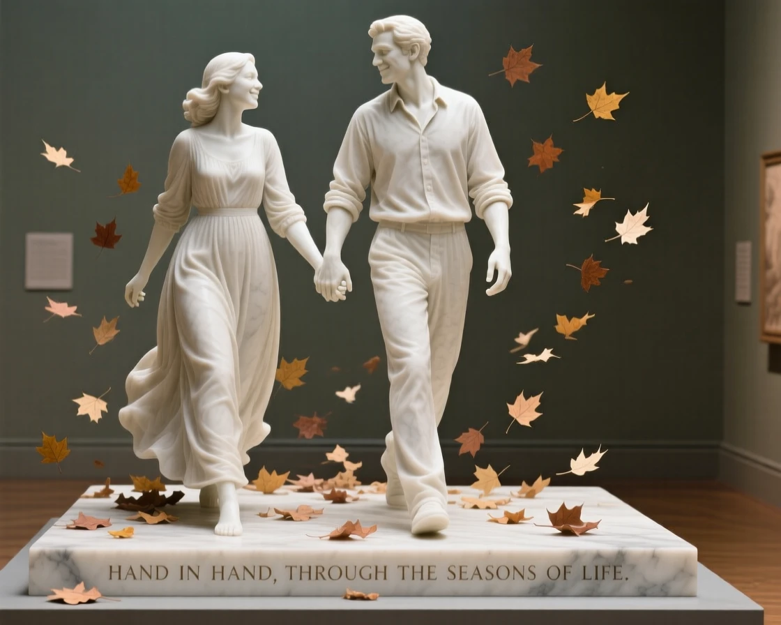 An emotionally powerful scene of a couple walking hand in hand through falling leaves, filled with warmth, tenderness, and connection