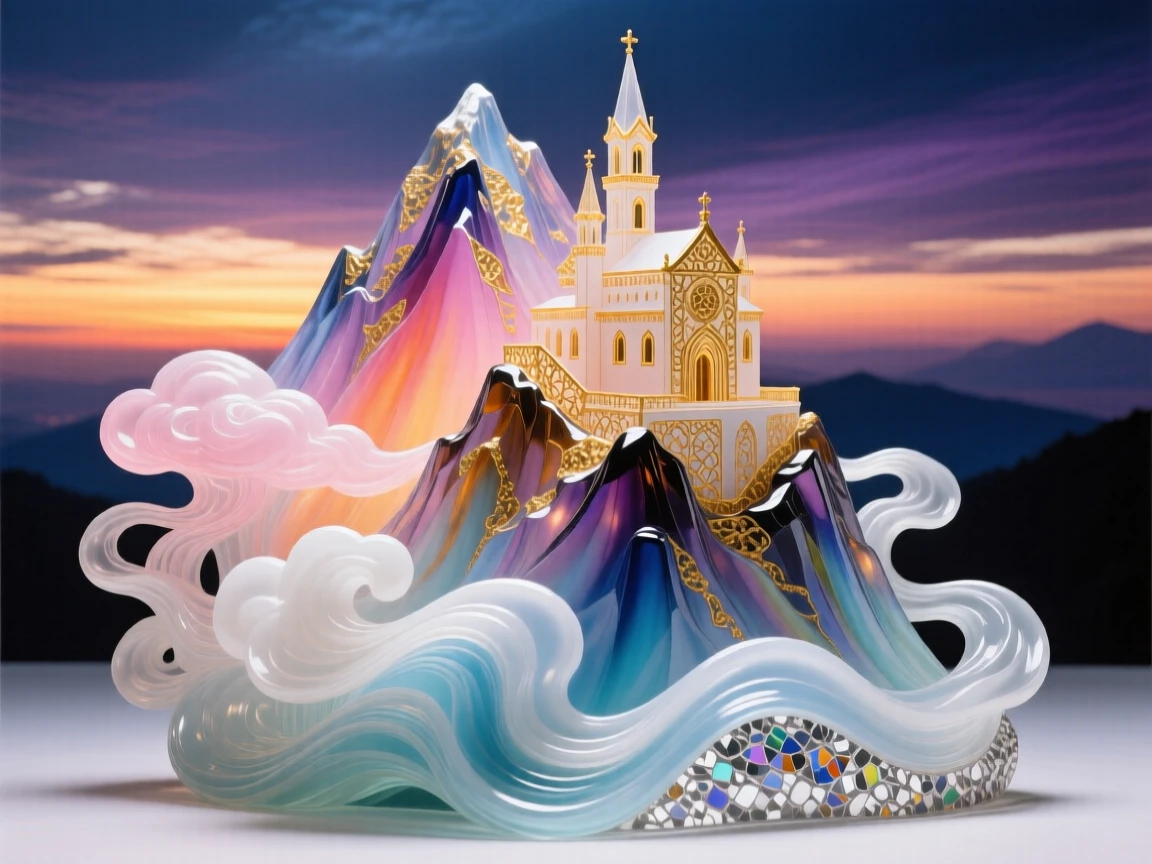 A dramatic mountain monastery wrapped in swirling clouds at dawn, spiritual and awe-inspiring.