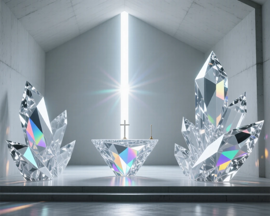 A minimalist concrete chapel with a single shaft of light illuminating the altar.