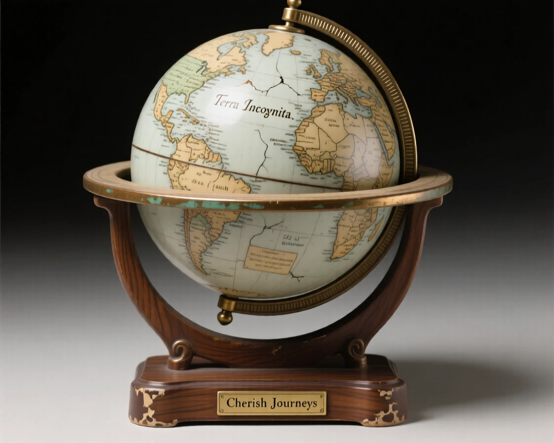 An antique globe spinning slowly on its stand captured mid-use in a nostalgic tableau, showing small, charming signs of age, stirring fond memories of simpler times.