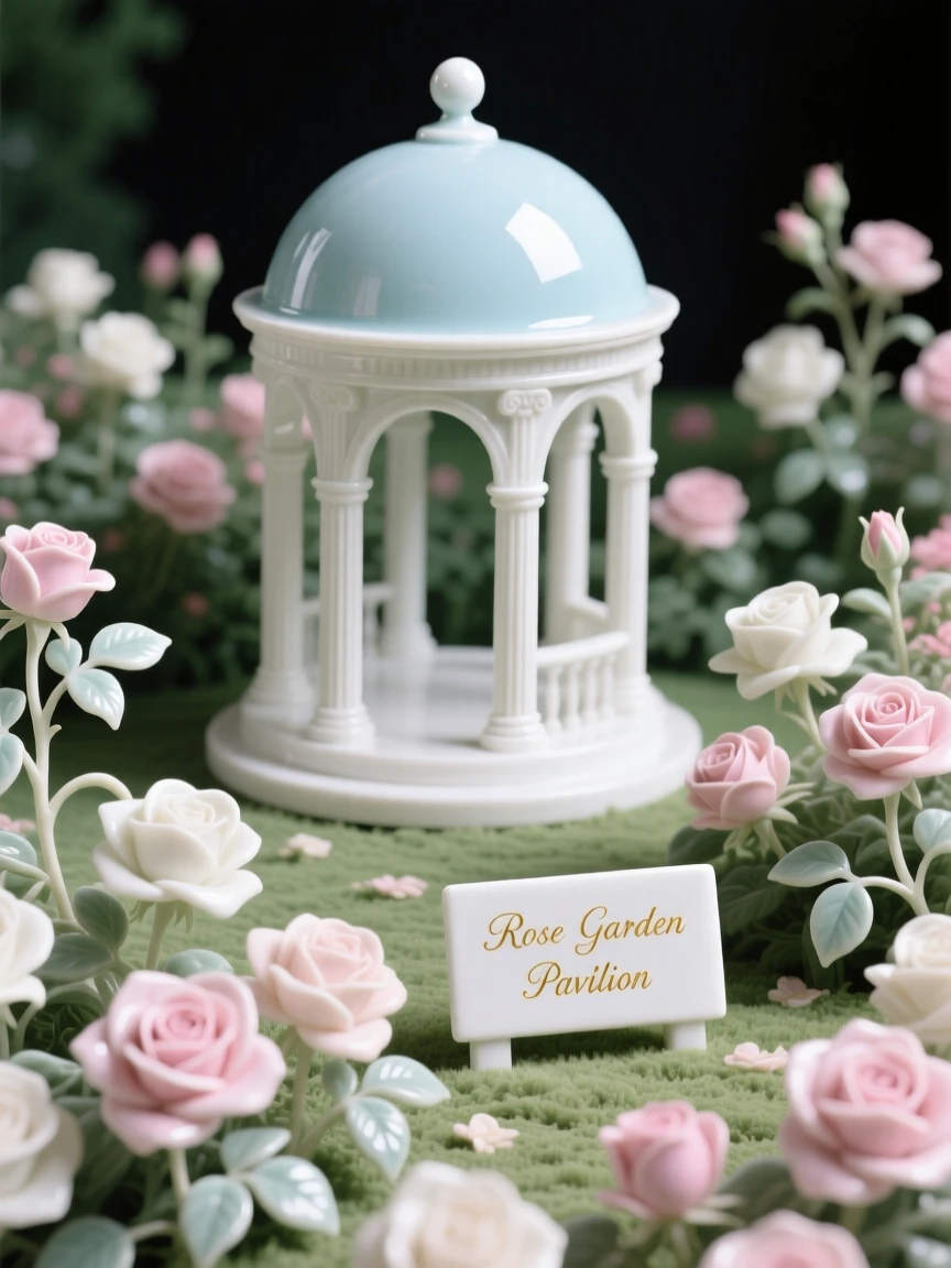 A sprawling rose garden in full bloom, overlooked by a small garden pavilion.