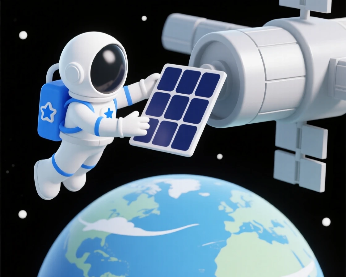 A determined astronaut repairs a solar panel while floating outside a space station, Earth spinning slowly below.