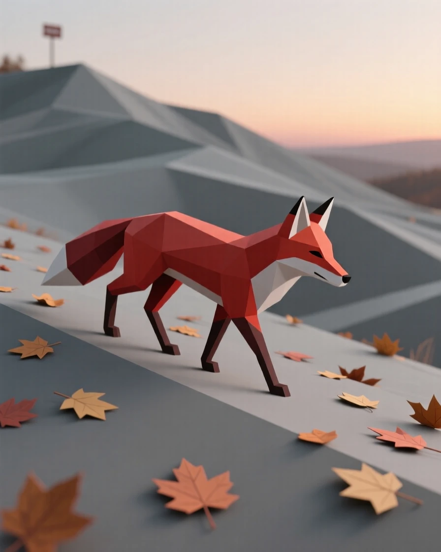 A red fox walking through fallen autumn leaves, on a windswept ridge at dusk. the background gently blurs to keep focus on the subject. The scene radiates quiet strength.