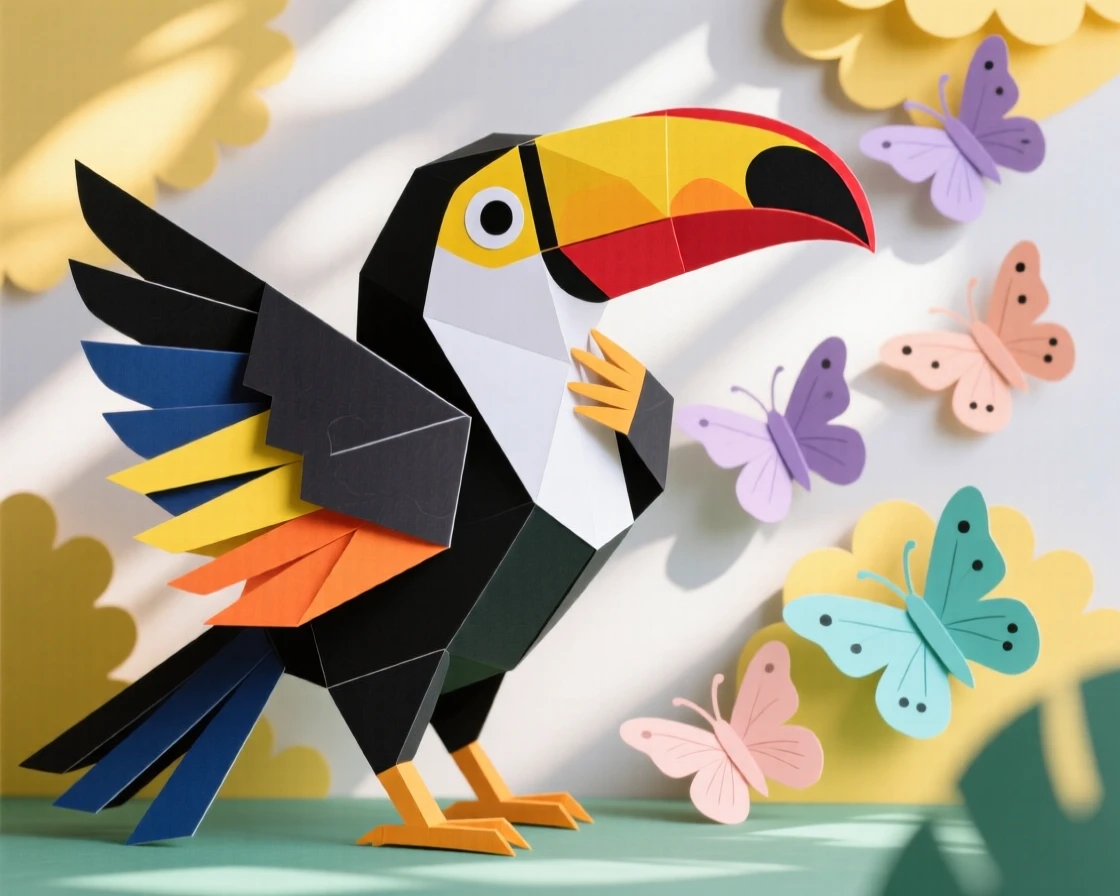 A vibrant toucan grooming itself in dappled sunlight, with butterflies fluttering nearby, evoking cozy, heartwarming charm.