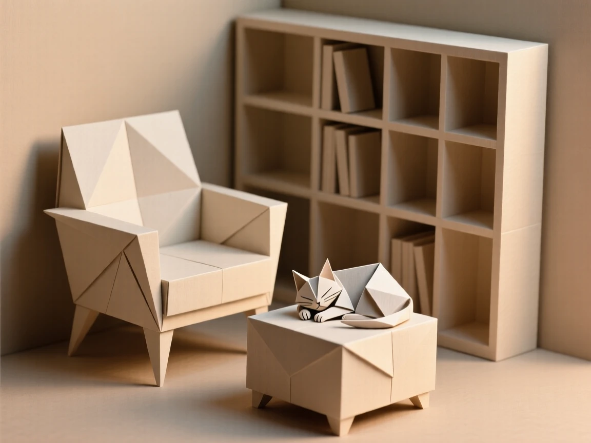 A cozy reading chair beside a bookshelf, a cat curled on the ottoman below.