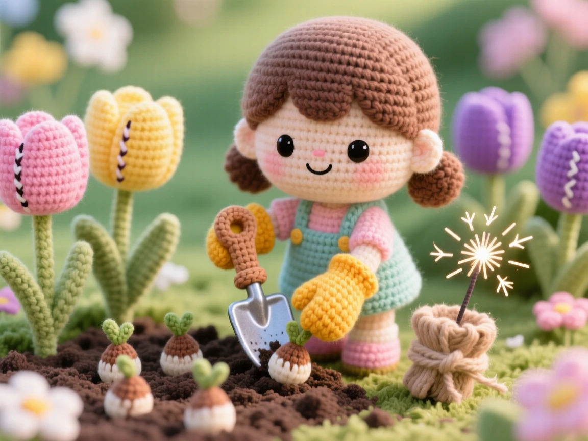a little girl planting spring bulbs, with garden gloves and a small trowel, is shown tucking bulbs into soft soil in a blooming spring garden full of tulips beside a bundle of sparklers ready to light, capturing playful delight in seasonal change.