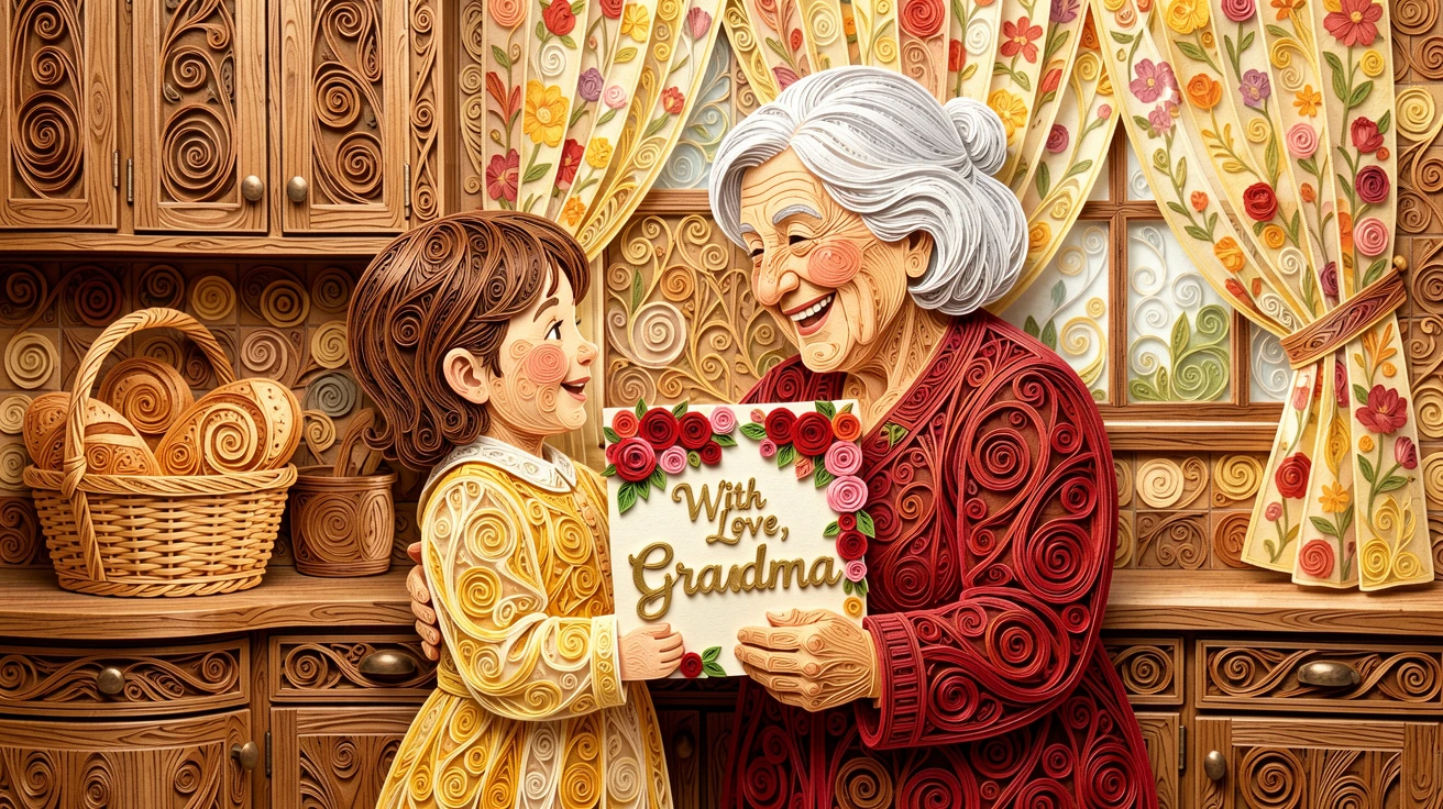 a child giving a handmade card to a delighted grandparent, in a cozy kitchen filled with the smell of fresh bread, composed with the subjects gently embracing at the center, with a comforting, homely atmosphere throughout.