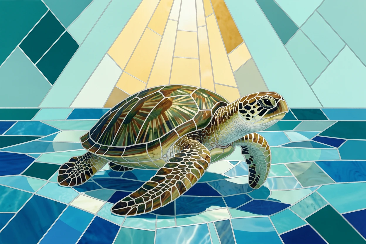 A sea turtle swimming gracefully through crystal-clear tropical water, illuminated by soft rays of sunlight filtering through water.