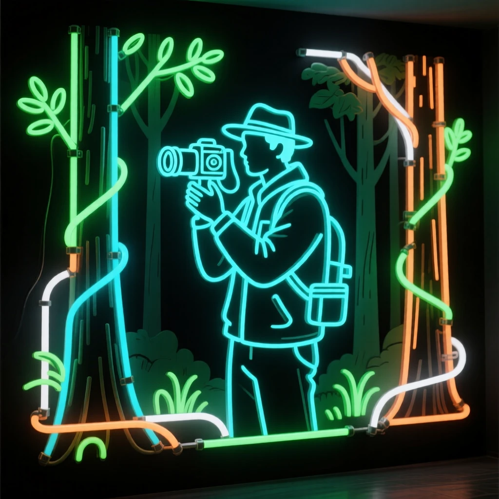 A ranger monitoring wildlife cameras in a dense forest.