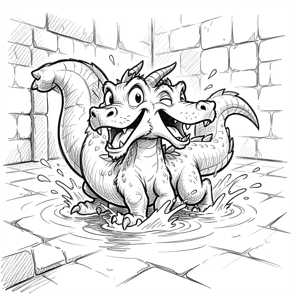 A dragon splashing in a lake like a playful dog in an ancient stone courtyard.