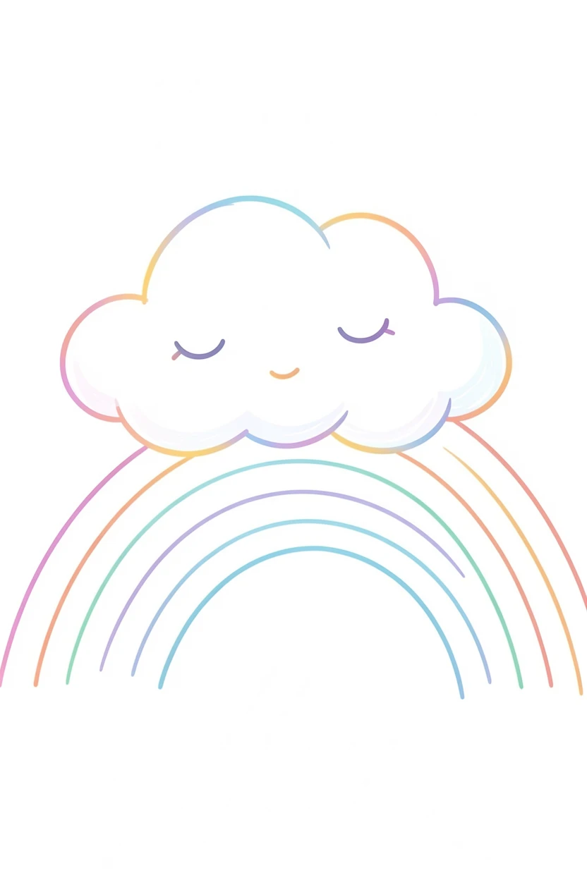 A plump little cloud character napping on a rainbow.