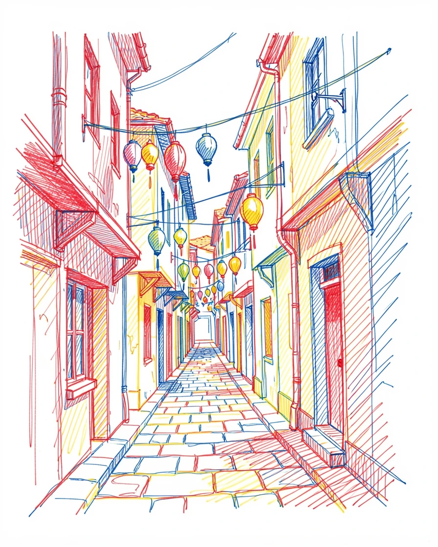A bustling narrow alleyway lined with colorful lanterns in an old town
