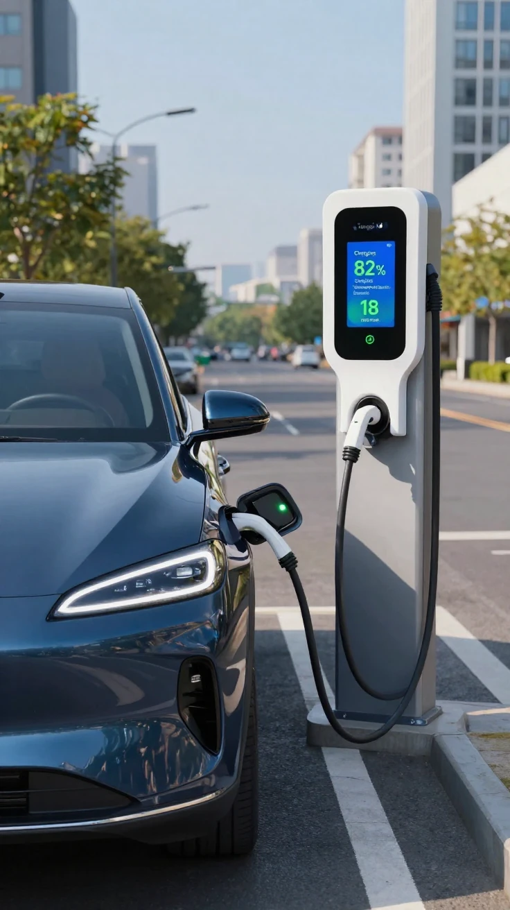 An electric vehicle charging at a modern charging station