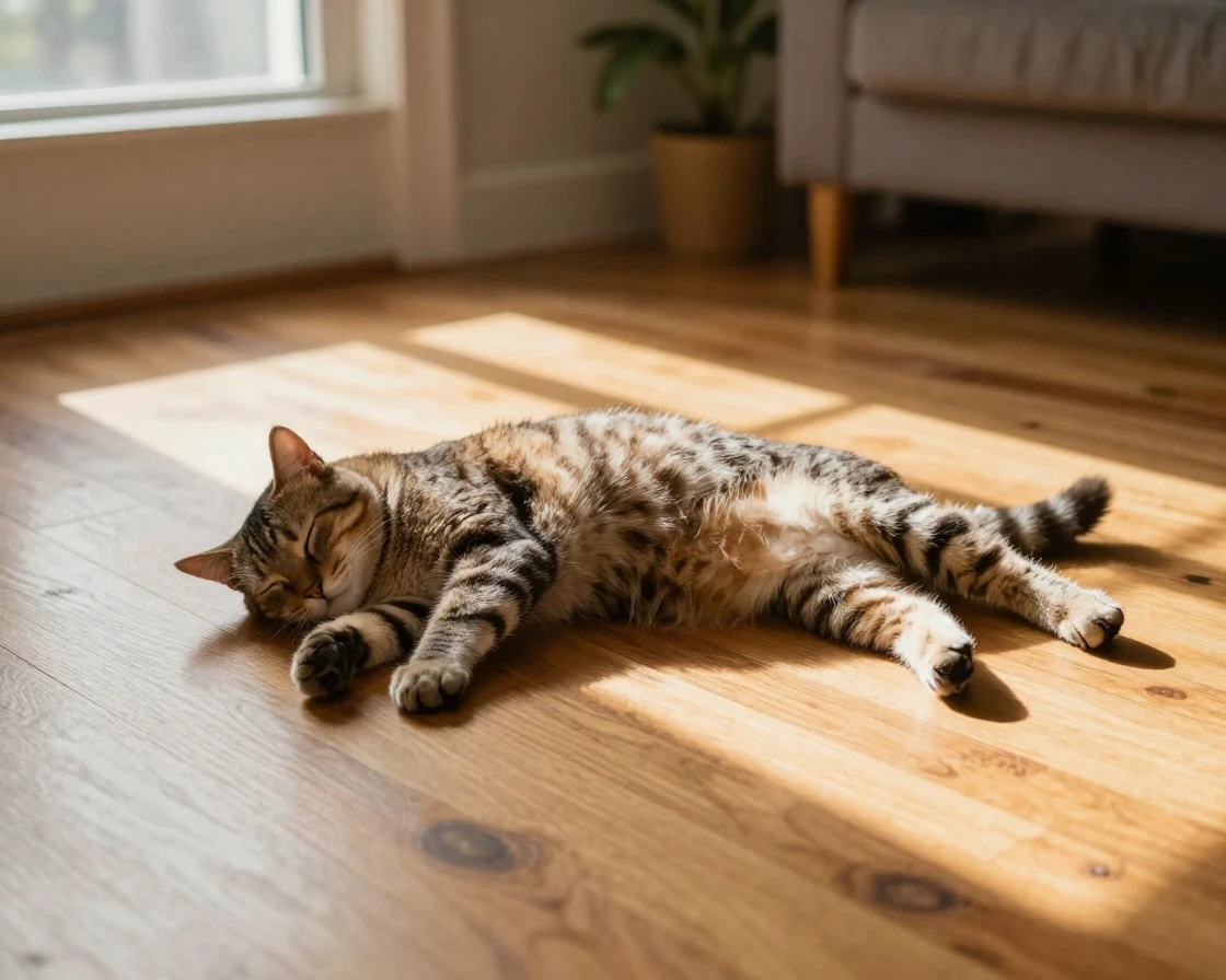A cat naps stretched out fully across a sunny patch of hardwood floor.