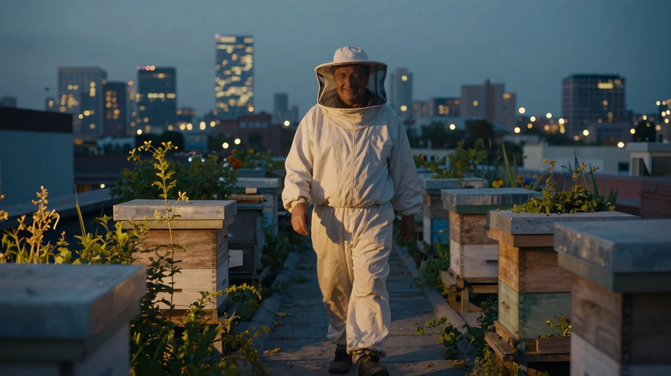 A middle-aged beekeeper walking home along a quiet lane on a rooftop overlooking a sleeping city, a gentle smile crossing their face
