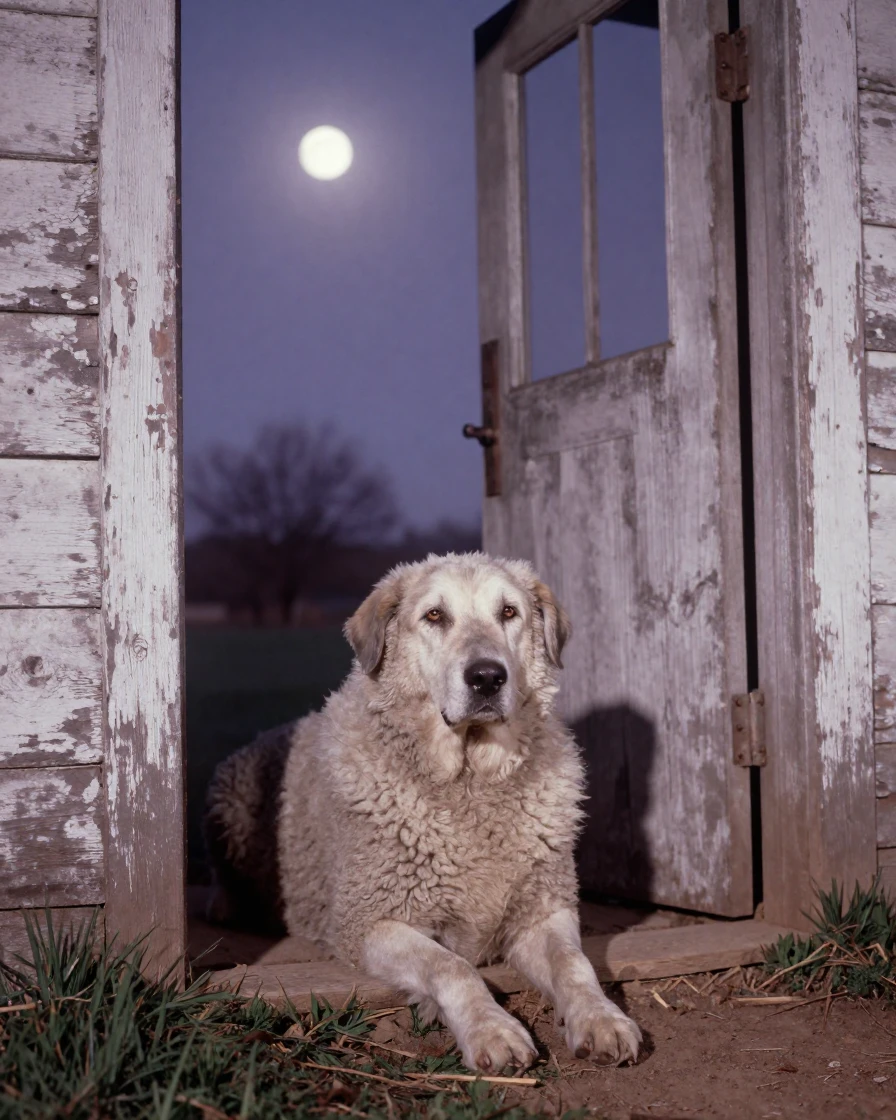 An old sheepdog resting loyally beside a farmhouse door, under moonlight, on a clear, cloudless day, in early spring, in dusty lavender and rose tones, framed through an open doorway.