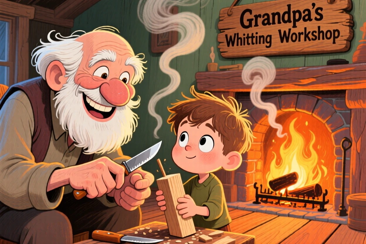 A grandfather teaching his grandson to whittle wood by the fireplace.
