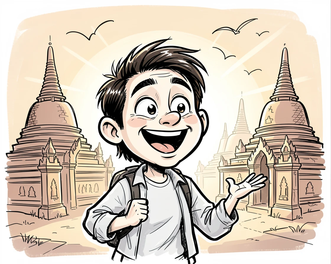 [Travel & Cultural Experiences] Vivid travel scene of a tourist exploring an ancient temple complex in Bagan at dawn, full of wonder and adventure
