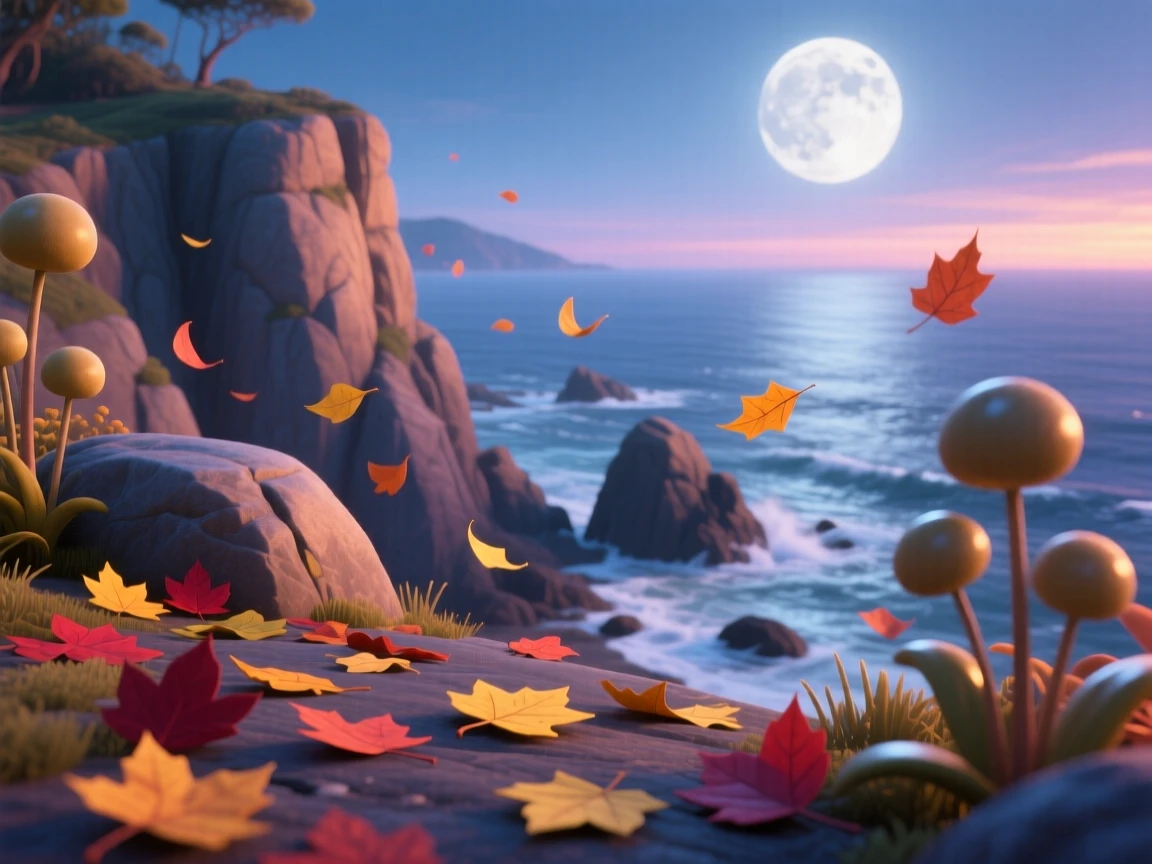 A rugged coastal cliff glows as the moon rises slowly above the horizon, with fallen leaves drifting slowly on the breeze. The atmosphere feels fresh, alive, and untouched.