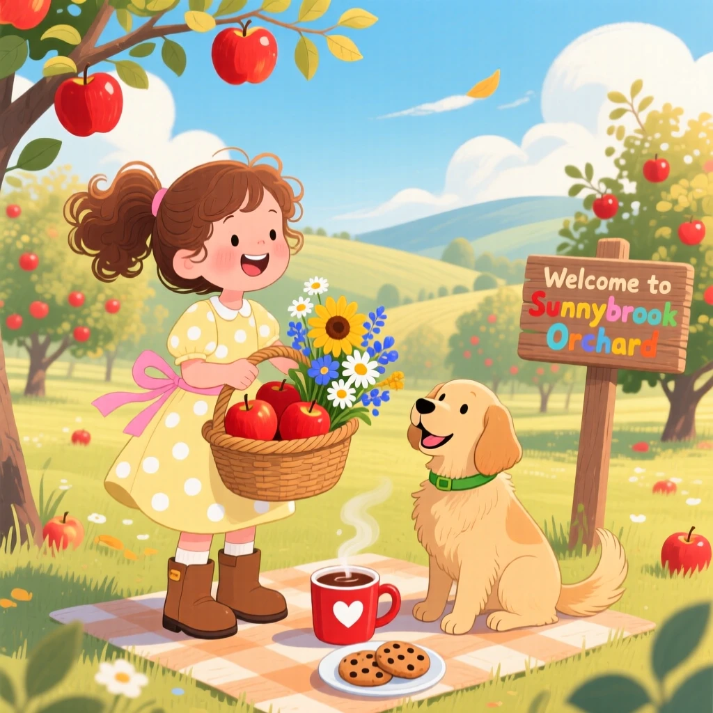 A girl with a basket of flowers spends the afternoon picking apples in an orchard with a beloved family dog, with a warm cup of cocoa nearby.