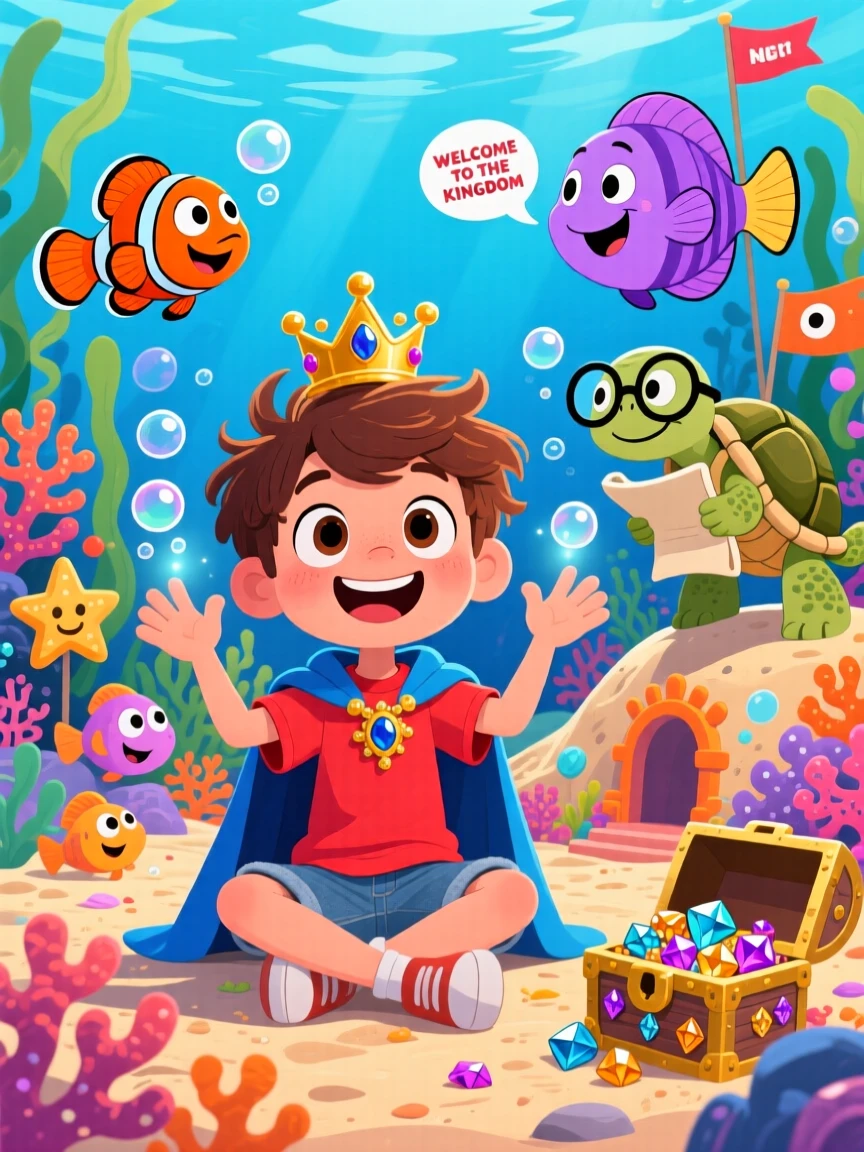 A boy imagining an underwater kingdom ruled by talking fish.