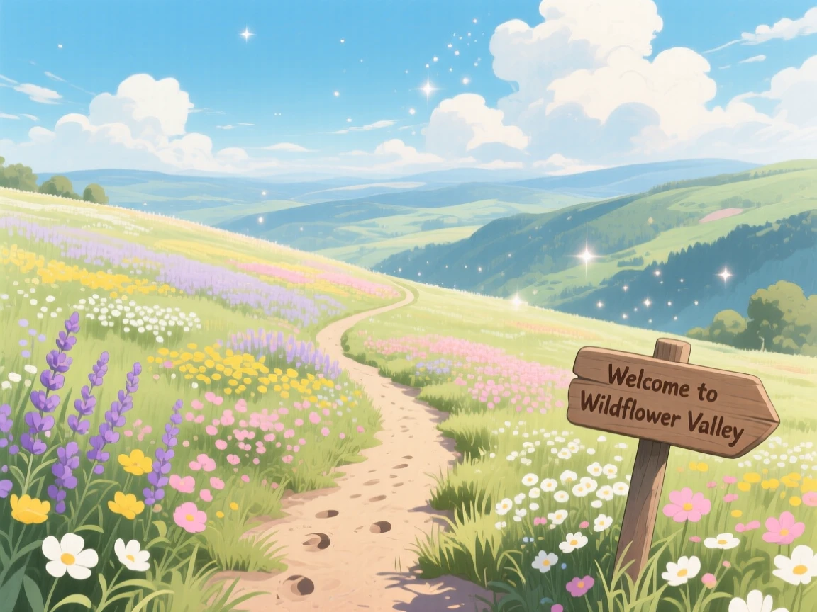 A breathtaking view of a sweeping valley carpeted in wildflowers, with a single winding dirt path leading into the distance, under a sky full of drifting clouds, viewed from a high vantage point.