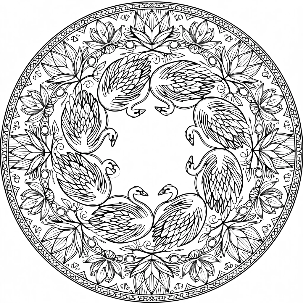 A mandala built from a ring of interlocking swans forming a circle.